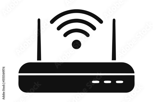 Simple black and white illustration of a wireless router with internet connectivity symbol
