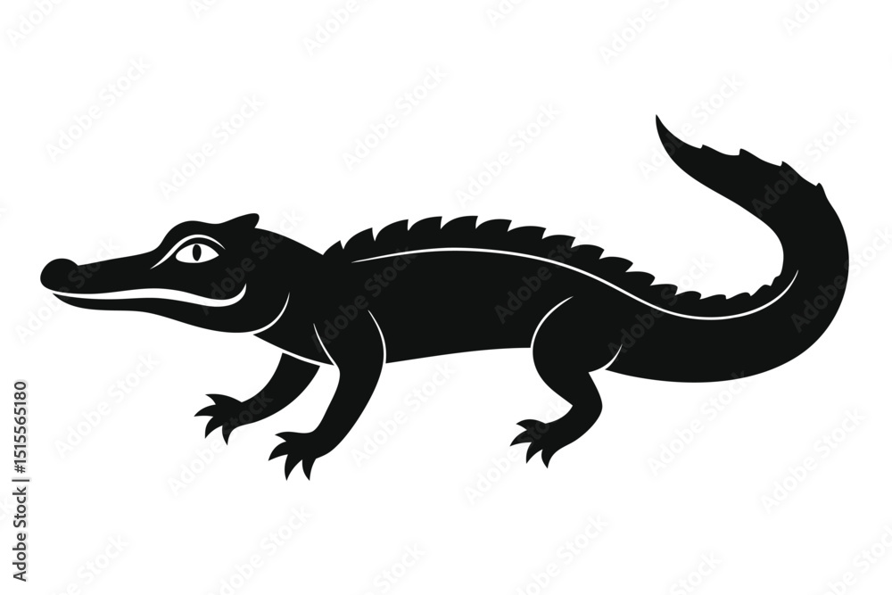 Stylized black and white illustration of a walking alligator on a clean white background Stylized black and white illustration of a walking alligator on a clean white background