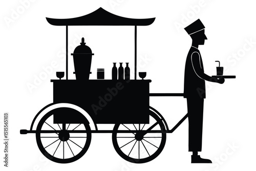 Street vendor silhouette serving drinks from a traditional cart vector illustration
