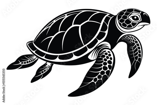 Vector illustration of a stylized black and white sea turtle swimming on a white background