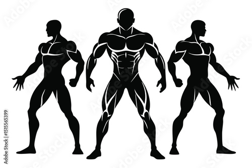 Vector illustration of silhouetted muscular men in athletic poses on white background