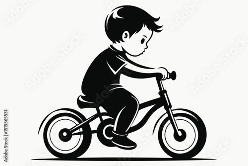 Adorable boy riding a bicycle simple black and white vector illustration