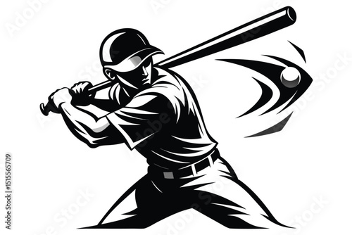 Black and white illustration of a baseball player swinging at a pitched ball