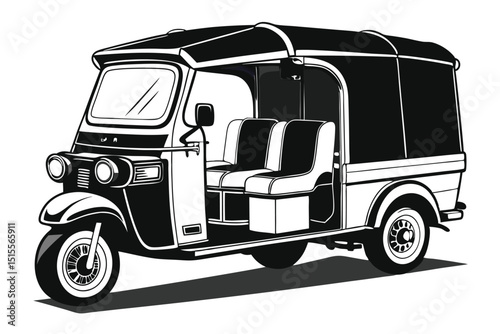 Black and white vector illustration of a classic tuk tuk taxi auto rickshaw isolated