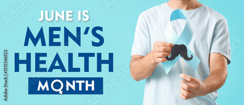 Young man with blue ribbon and paper mustache on color background, closeup. Prostate cancer awareness concept