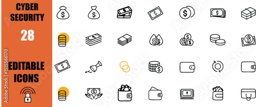 Money and finance icons set vector illustration editable cash currency banking investment savings wealth concept 100