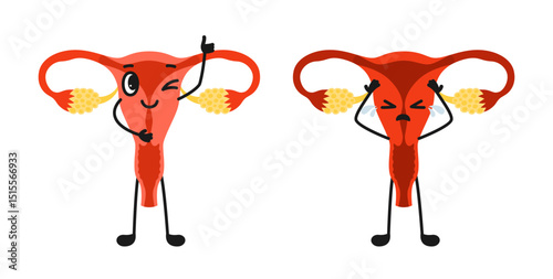 Female reproductive system mascot. Two Uterus healthy and unhealthy cartoon illustration. Cheerful smiling womb giving thumbs up and sad sick character. Check health vector medical comic poster