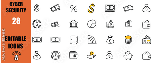 Cyber security icons set for business finance and banking with editable vector elements and money concepts