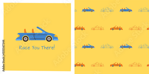 Car cabriolet cartoon seamless pattern. Hand drawn cute automobile car kid endless boundless background design. Simple children funny auto transport comic repeat print wallpaper vector illustration
