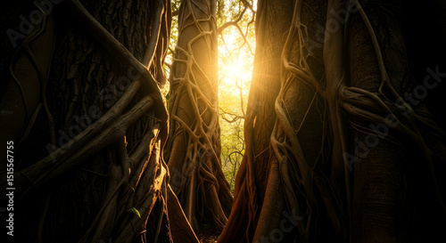 Mystical Forest Canopy With Golden Sun Rays Streaming Through Dense Trees photo