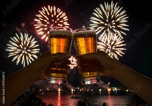 綺麗な花火を眺めながらビールで乾杯