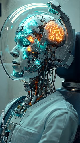 Futuristic robot with glowing brain in lab setting