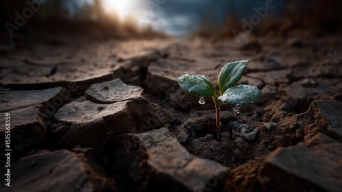 Hope's Emerging: A single, vibrant seedling pushes through cracked earth, a testament to resilience and the enduring power of life in a dry landscape.