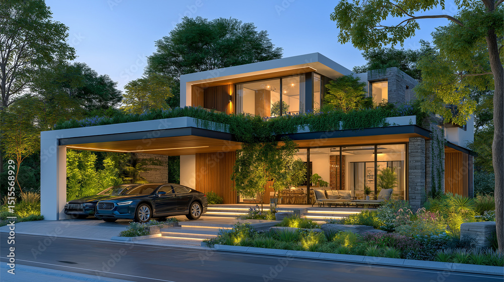 Fototapeta premium Contemporary Home in Natural Setting: A stunning, modern residence blends seamlessly with its natural surroundings.