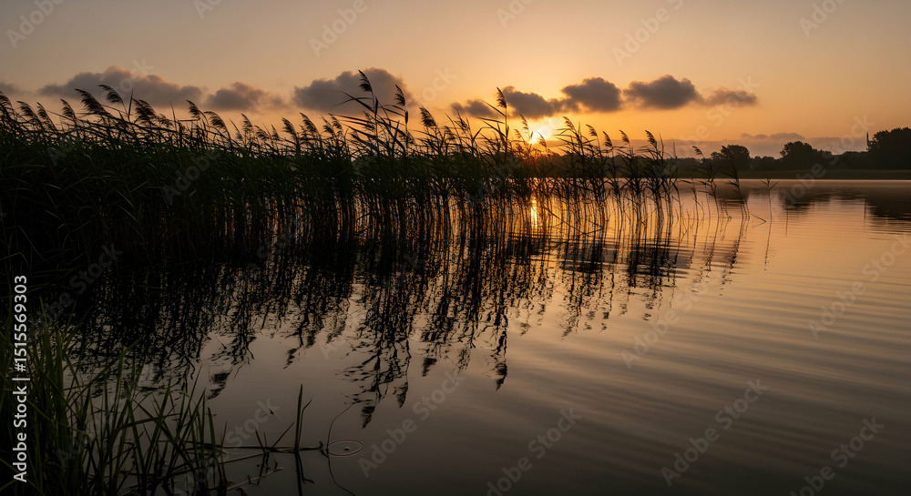 Fototapeta premium Golden Hour Reflections Serene Lake Landscape with Silhouetted Reeds