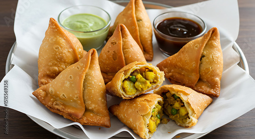 A plate of crispy fried samosas with chutney.