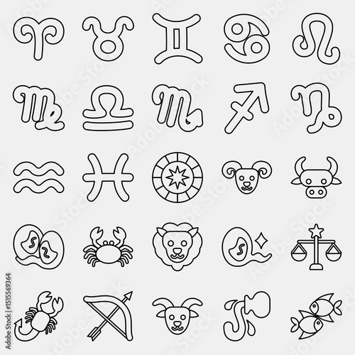 Icon set of zodiac horoscope. Zodiac horoscope elements. Icon in line style.