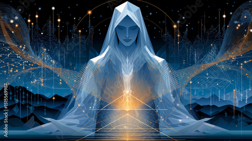 Ethereal Being: A serene figure in a flowing garment, radiating an aura of enlightenment and inner peace, symbolizing a quest for knowledge, wisdom and spiritual growth. 