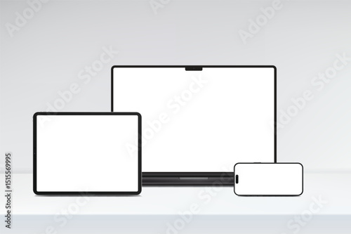 3D laptop, tablet and smartphone digital device mockup with blank screen isolated on background. Technology empty display template for ui, ux, app, ads and website presentation. Vector illustration
