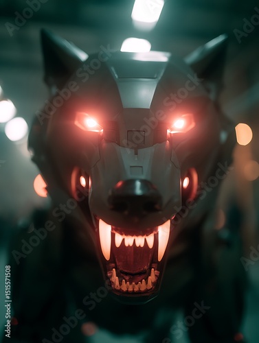 Robotic Wolf Head with Glowing Eyes and Teeth, Close Up.