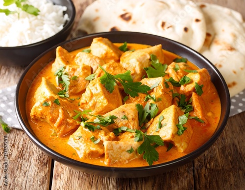 Spicy chicken curry served with rice and naan