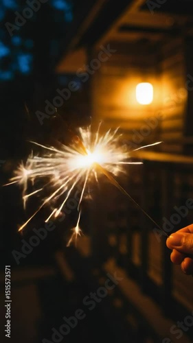 Hand Holding Sparkler at Night with Warm Outdoor Lighting