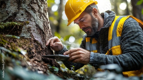 Forester in forest studying trees using digital tablet for forestry research and data collection