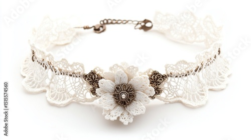 Delicate off-white lace choker necklace adorned with a central cream flower accent and bronze-toned metal detailing; clasp closure