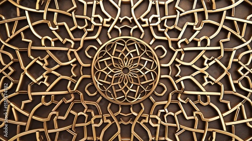 Ornate, symmetrical gold design on dark background. Intricate, repeating patterns create a complex, visually appealing texture