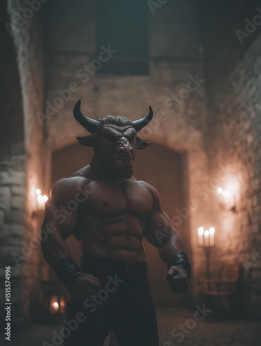 Muscular Minotaur in Ancient Stone Hallway. A powerful mythical creature stands in a dimly lit, ancient stone structure.