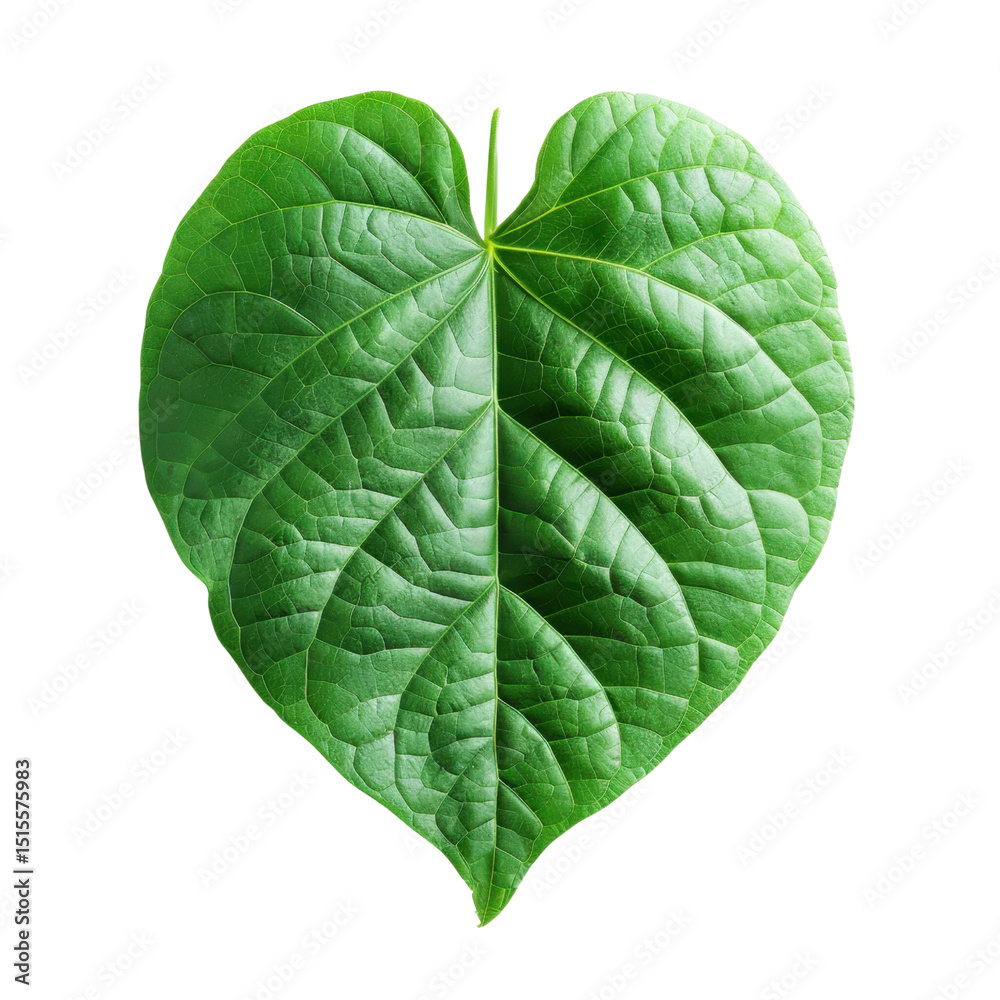 Obraz premium Vibrant green heart shaped leaf showcases intricate veins and glossy texture, symbolizing nature beauty and vitality. This stunning leaf can enhance any design or project