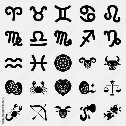 Icon set of zodiac horoscope. Zodiac horoscope elements. Icon in glyph style.