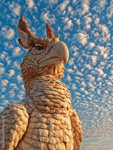 Majestic Stone Gryphon Sculpture Against a Vivid Blue Sky with Puffy Clouds.