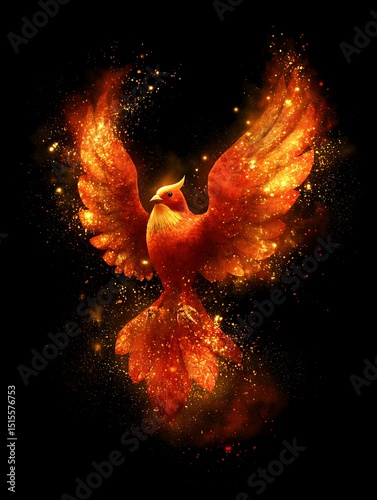 Fiery Phoenix Bird in Flight, Embers and Golden Sparks.