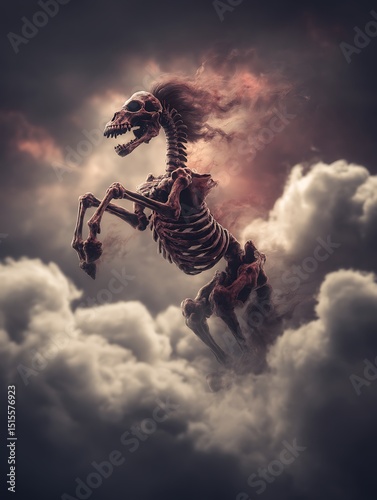 Spectral Horse Skeleton Ascending Through Dark Clouds. A dramatic illustration of a horse skeleton rising amidst ominous clouds.
