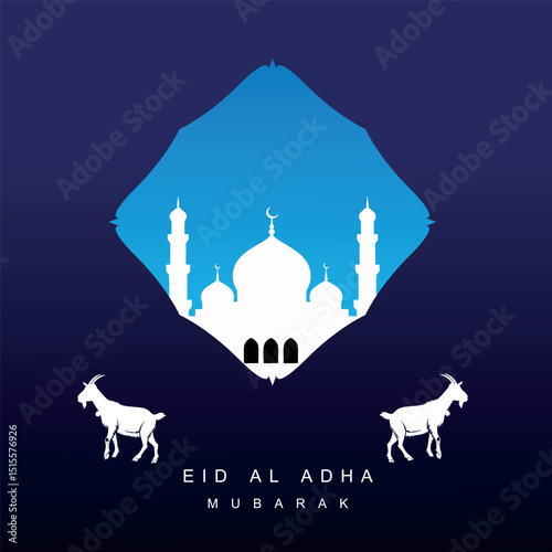 Eid al Adha Mubarak Vector Design with Mosque and Two Goats on Dark Blue Background