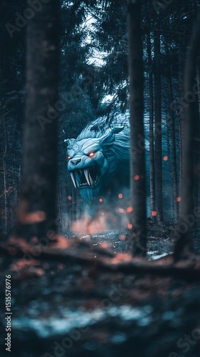 A Menacing Beast Lurks in the Deep Woods. A digital illustration of a large, fierce creature hidden within a dark forest.