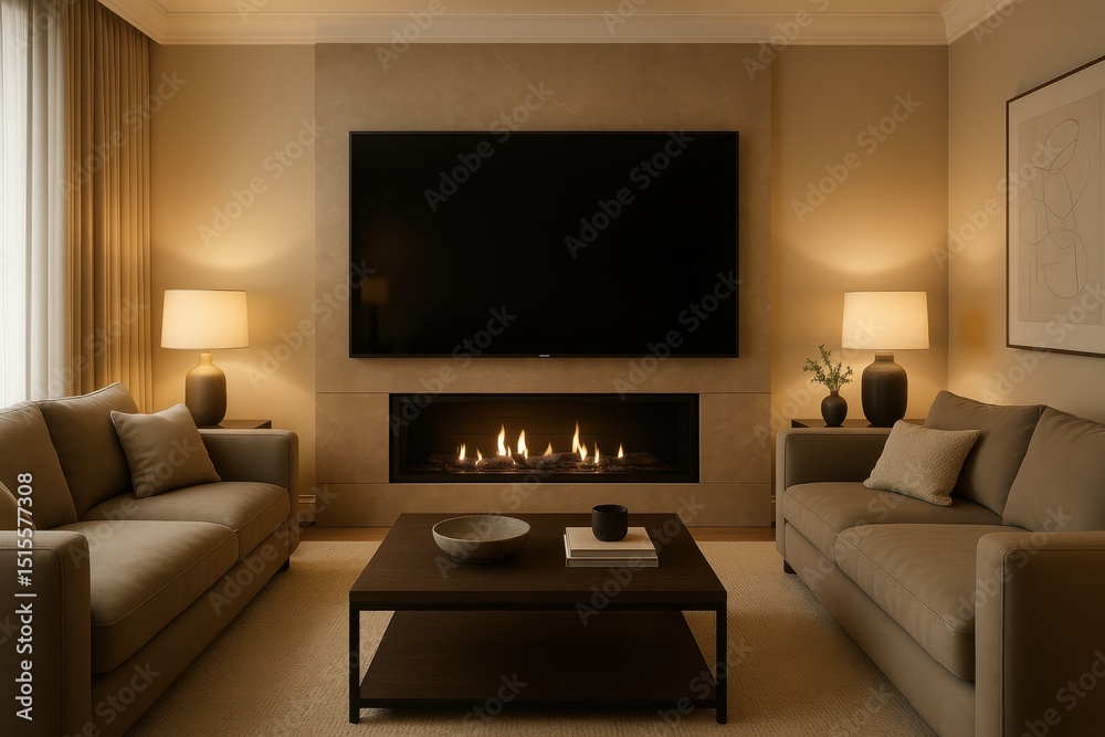Obraz premium Luxurious contemporary living room featuring a massive high-definition smart TV mounted above a sleek fireplace with plush sofas and elegant decor creating an ultimate home theater experience.