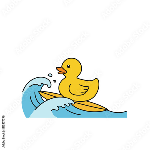 Yellow duck floating on surfboard in ocean waves  