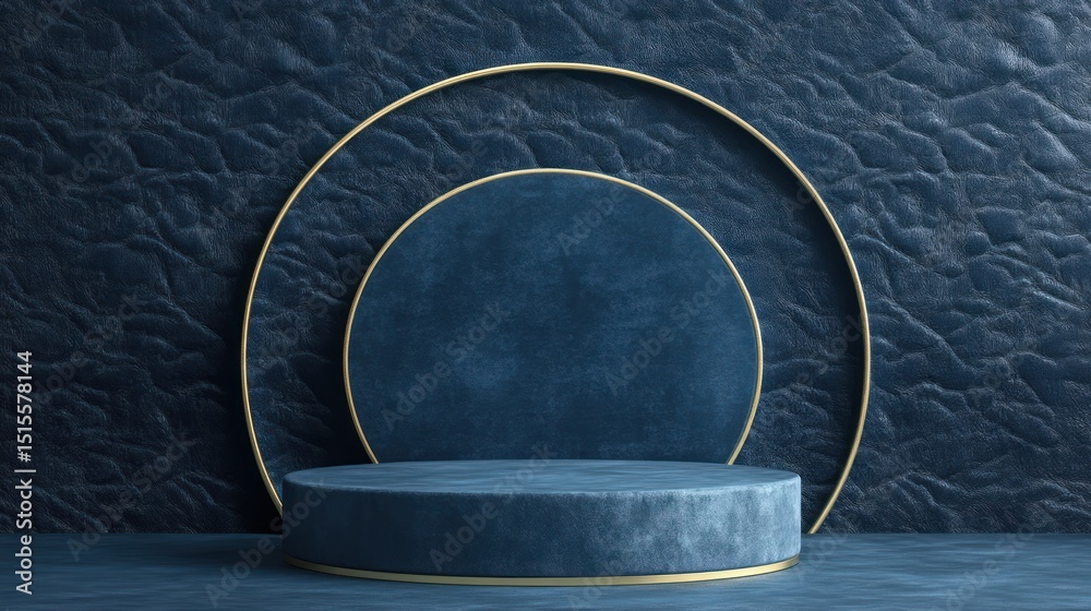 Elegant product presentation with blue platform and golden circular accents Elegant product presentation with blue platform and golden circular accents