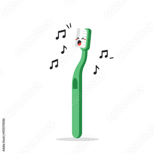 Cartoon toothbrush singing with musical notes in playful design  