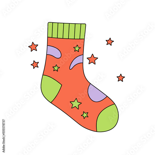 Colorful illustrated sock with stars and abstract patterns  