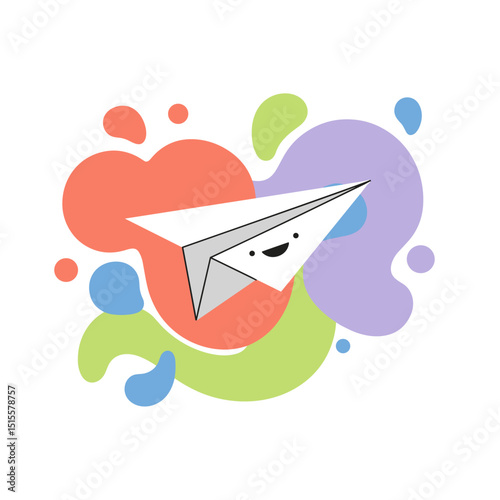 Cute paper airplane illustration with colorful abstract background  