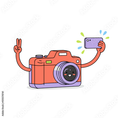 Cartoon camera character taking selfie with smartphone and smiling  