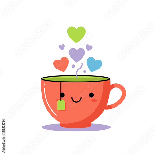 Cute smiling tea cup with hearts floating above in colorful style  
