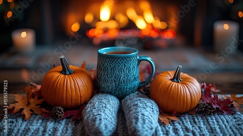 Cozy autumn scene by the fireplace with tea and pumpkins photo