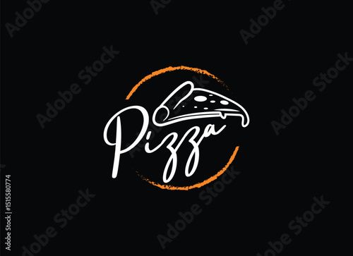 Pizza logo with a slice of pizza inside a circle.