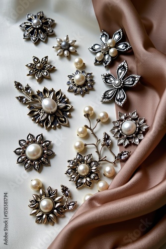 Elegant vintage brooches with pearls and crystals arranged on silky beige and white fabric.
