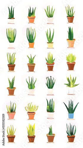 Artistic Indoor Garden: Illustration of Green Potted Succulents and Leafy Houseplants in Vibrant Modern Decor