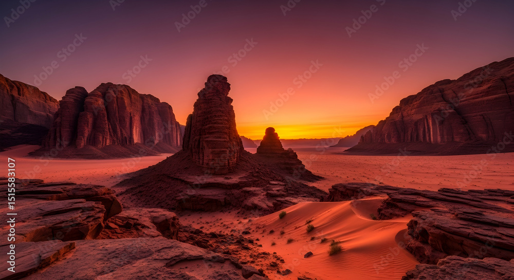 Fototapeta premium Majestic Sandstone Formations Against a Vibrant Desert Sunset
